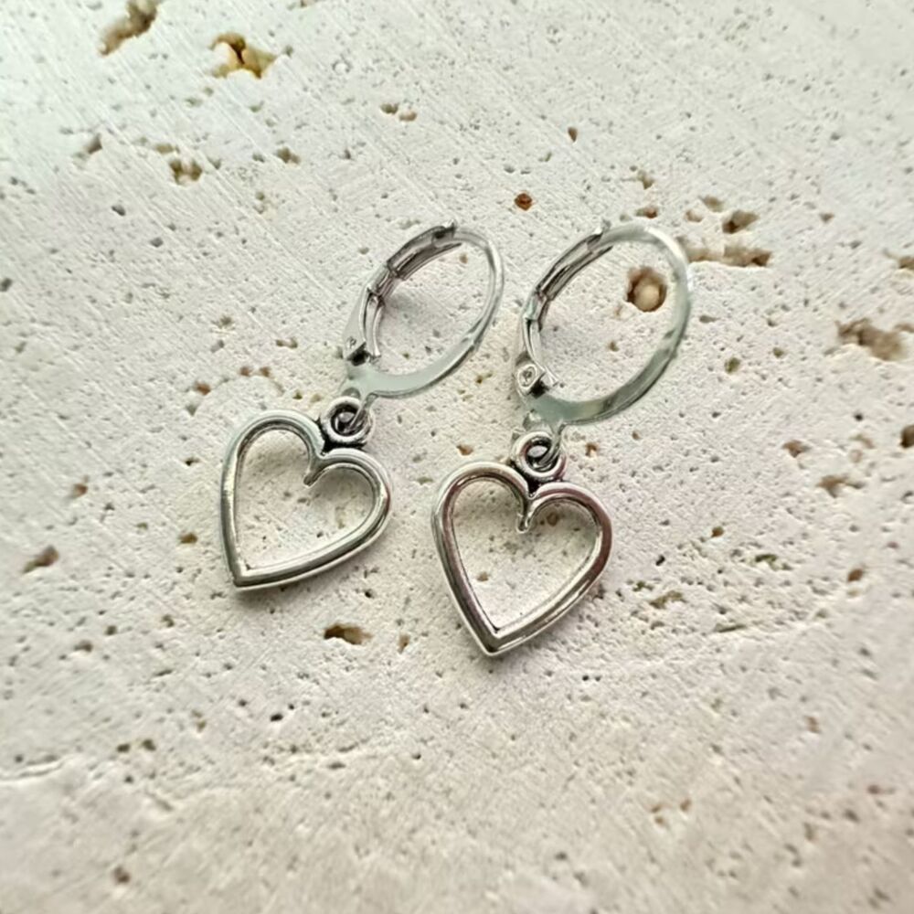 Silver Open Heart Drop Pendant Hoop Earrings Dangle Charm Everyday Lghtwt Casual